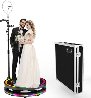 360 Photo Booth Machine 80cm for Parties with Extendable Ring Light Selfie Holder Accessories, 3 People Stand on, Automatic Spin 360 Video Camera Booth Platform Spinner, 31.5” with Flight Case