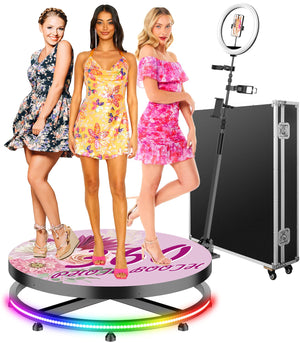 360 Photo Booth Machine for Parties Free Custom Logo with Ring Light 3 People Stand on Remote Control Automatic Slow Motion 360 Spin Photo Camera Booth 80cm 31.5 inch with Flight Case
