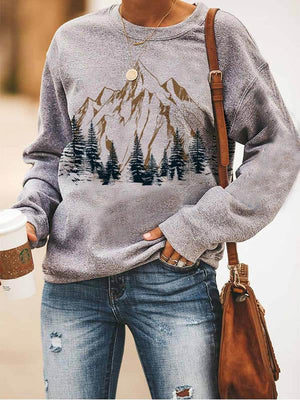 Loose casual crew neck mountain forest print Sweatshirt