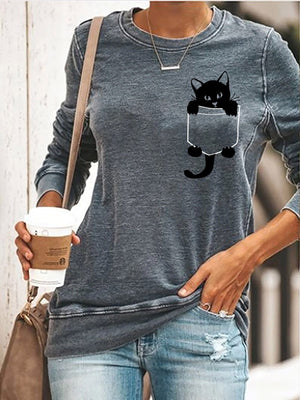 Cat Kitten Printed Long Sleeve Pockets Women Sweatshirts