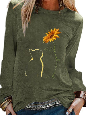 Cats & Sunflowers Print Long Sleeve Shirts & Blouses & Shirts