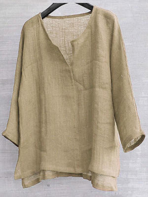 Solid V Neck Long Sleeves Linen T-shirts