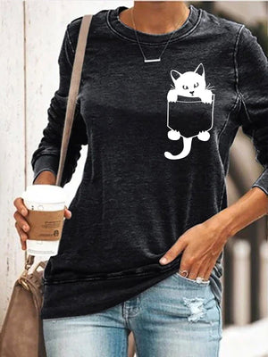 Cat Kitten Printed Long Sleeve Pockets Women Sweatshirts