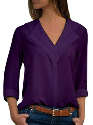 Solid Color V-neck Long-sleeved Blouse
