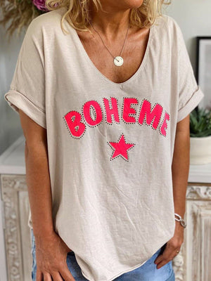 Women Letter Print V-Neck Loose Casual Tees