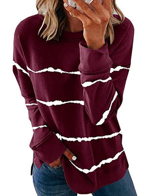 Tie-dye prints stripes loose round neck long-sleeved t-shirt blouses