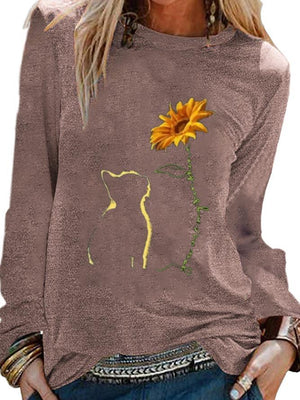 Cats & Sunflowers Print Long Sleeve Shirts & Blouses & Shirts